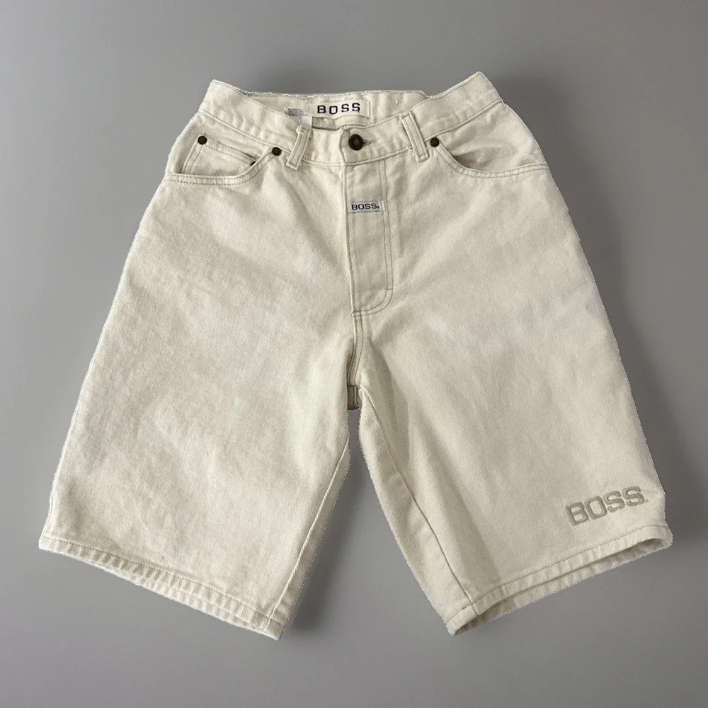 Vintage Boss Mens‎ Beige Denim Jean Shorts Embroidered Logo Size 30